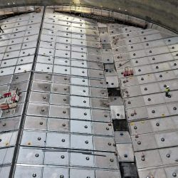 Wood pellet reclaim system being installed inside a dome silo by Dome Technology at the Drax Power Station in Selby, North Yorkshire, England. Image courtesy of Drax Group PLC.